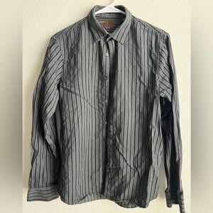 Perry Ellis Black and Gray Vertical Stripe Dress Shirt Slim Fit